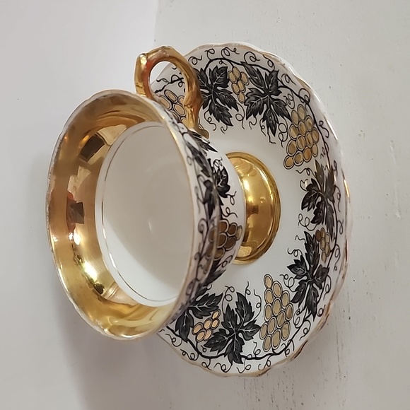 Black Gold Rosina Teacup and Saucer, Floral Teacup gold grapes - Picture 4 of 9